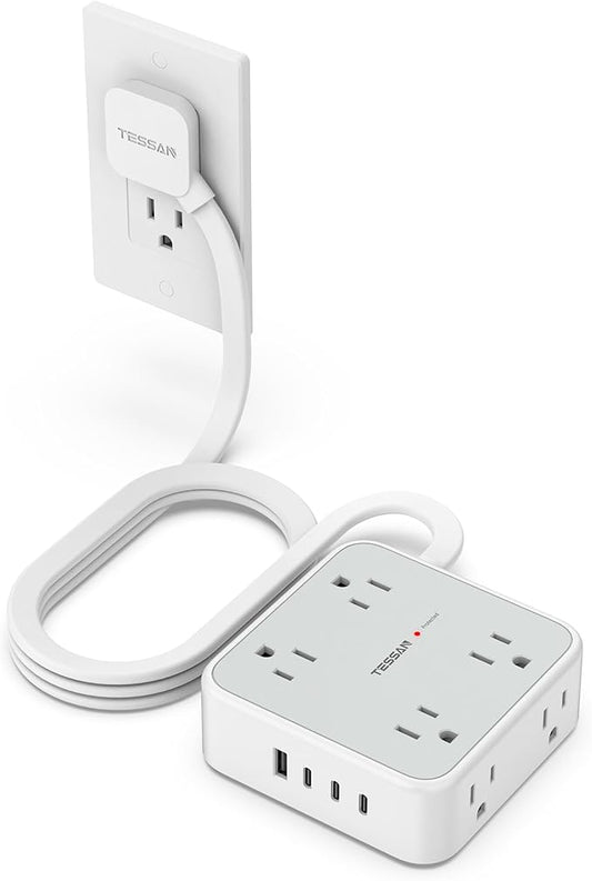 Surge Protector Power Strip, TESSAN 5 FT Extension Cord with Multiple Outlets Flat Plug, 4 USB (3 USB C) and 8 AC Outlets, 900J Protection, Wall Mount Charging Station for Home Office Supplies