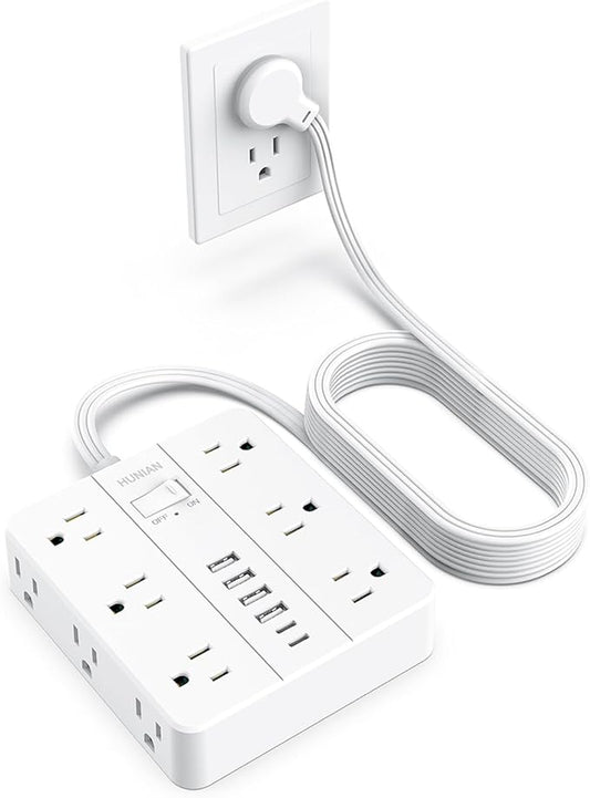 Surge Protector Power Strip 15 Ft Cord, HUNIAN Flat Plug Extension Cord with 12 Widely Spaced Outlets 6 USB Charger (2 USB C Ports), Desk Charging Station for Home Office Supplies, Dorm Room, White