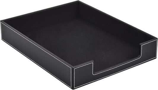 Leather 1-Layer Letter Tray Stackable File Document Tray,A4 Paper Case Rack Desk Office Supplies Organizer Holders,Desktop Organization, Pen Mail Magazine Storage Box(Black)