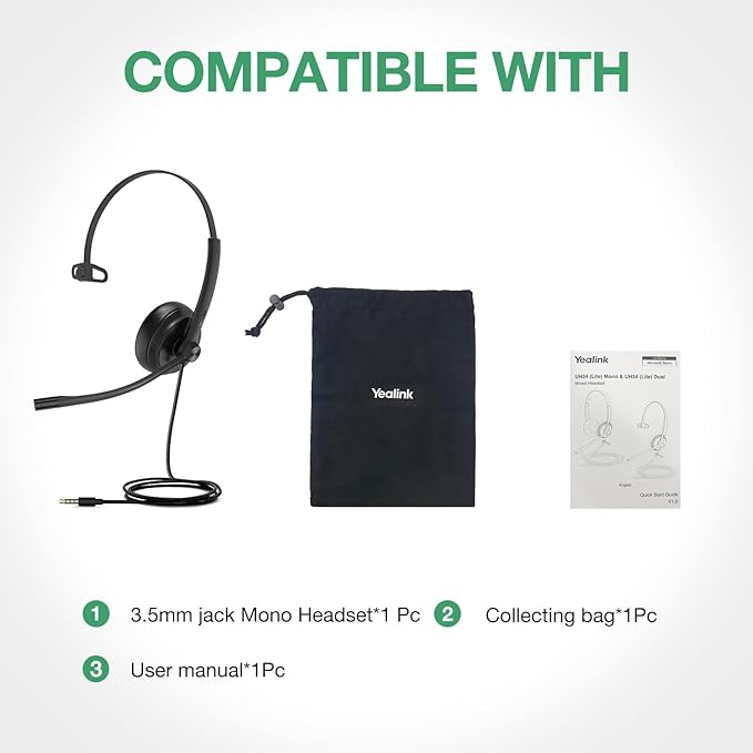 Yealink UH34 Wired Headset with Mic, 3.5mm Mono Headphones Noise Canceling Microphones,Teams Certified Work Office Headset for Computer PC Mac Laptop Tablet Smartphone