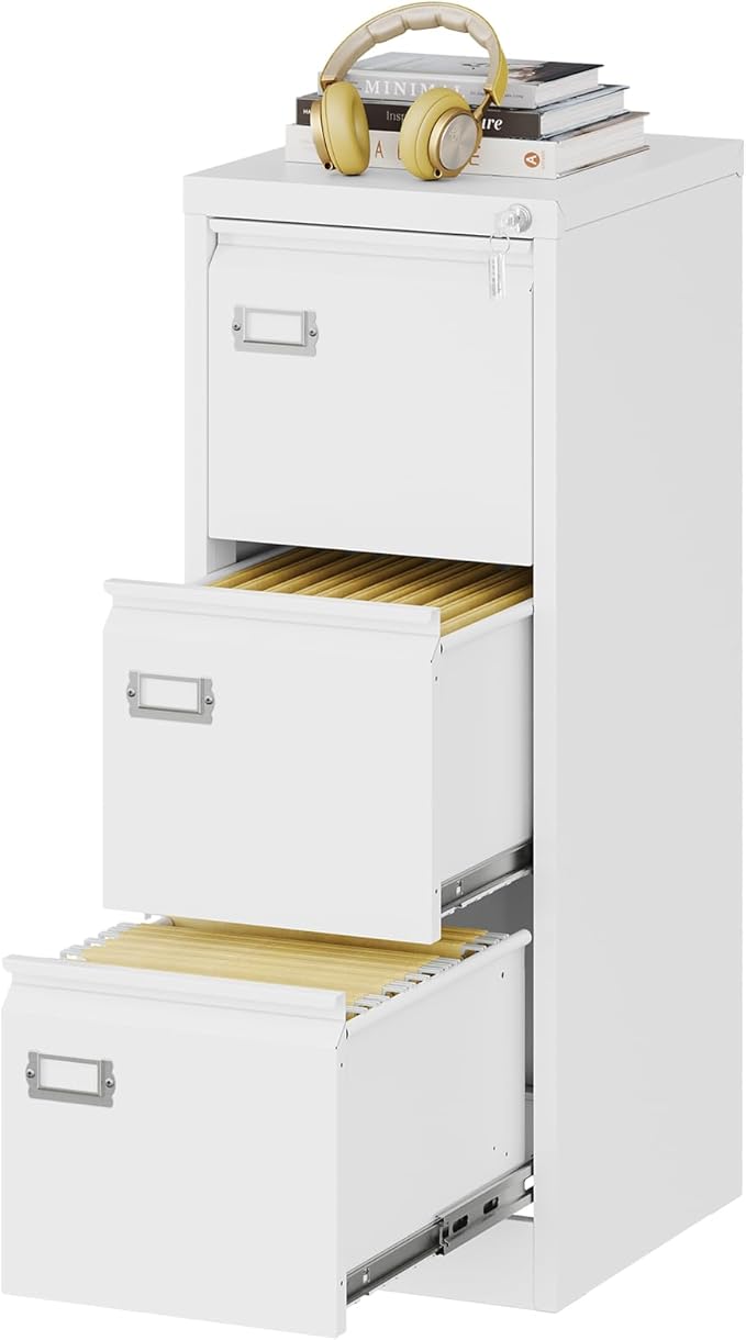 3 Drawers Vertical File Cabinets - 17.8" Deep Lockable Filing Cabinet - White Metal Storage Cabinets for Home Office to Hanging Files Letter/Legal/F4/A4 Size