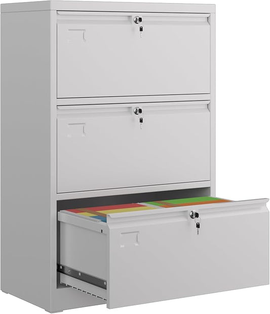 Metal 3 Drawer Lateral File Cabinet with 3 Lock - Wide Filing Cabinet for Letter/Legal/F4/A4 Hanging Files - Includes Business Card Holder,Home Office School Storage,White