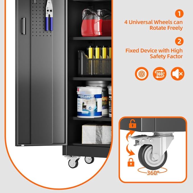 Aobabo Upgraded 71''H Metal Garage Storage Cabinet with Wheels and Door Pegboard,Steel Cabinets with 2 Doors and 5 Adjustable Shelves for Home Office,Required Assembly,Black