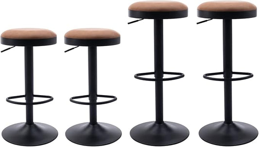 Round Swivel Counter Height Bar Stools Set of 4 Modern Adjustable Barstools Backless PU Leather Bar Chairs Industrial Island Chairs with Metal Base/Footrest for Kitchen Island/Pub/Bar, Brown