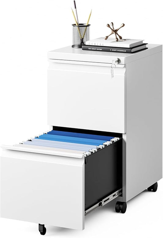 MIIIKO 2 Drawer File Cabinet on Wheels, Home Office Mobile File Drawers Under Desk, Filing Cabinets with Drawers for Legal/Letter/A4 File Folders(White),Un-Assembled