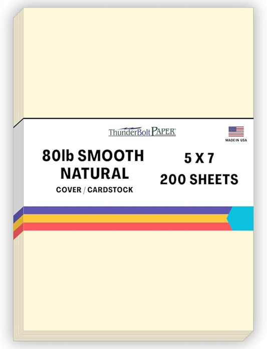 200 Natural Smooth Card Stock Sheets Paper - 5 X 7 Inches Photo Card Frame Size - 80# (80 lb/Pound) Cover Weight - Quality Paper - Smooth Finish