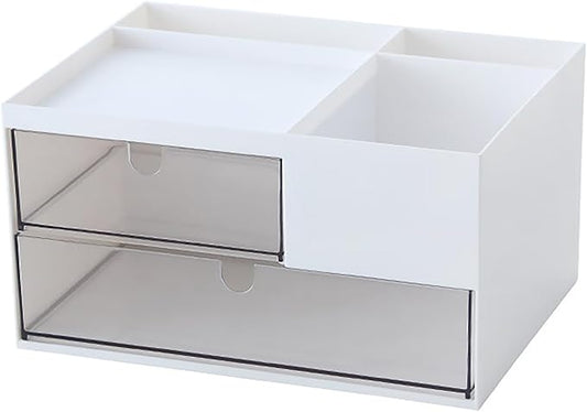 Desk Drawer Organizer, Desk Storage Box with 2 Drawers and 4 Compartments, Multifunctional Desk Accessories & Countertop Organizers for Office School Home (White