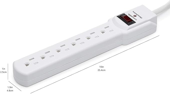 Amazon Basics Surge Protector Power Strip, 6-Outlet with 200J Protection, 2ft Extension Cord, Rectangle, White (2 Pack)