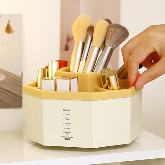Desk Organizer, 360-Degree Rotating Multi-Functional Pen Holder, 5 Compartments Desktop Stationary Organizer, Home Office Art Supply Storage Box Caddy (White+Yellow)