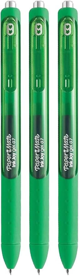 Paper Mate InkJoy Gel Pens, Green Ink, Medium Point (0.7mm), 3 Count, Bundle with Plastic Reusable Pouch