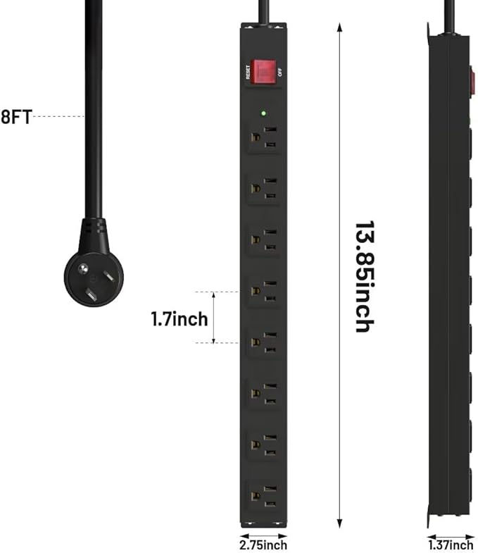 KF 8 Outlet Heavy Duty Power Strip Surge Protector, 2100J Surge Protection Black Power Strip, 15A/1875W Mountable Power Strips, 14AWG 6FT Extension Cord, Black(8FT-2100J)