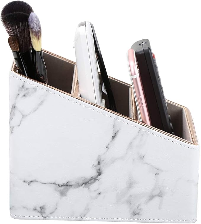 KINGFOM Remote Control Holder with 3 Compartments, Pu Leather Remote Caddy Desktop Organizer for TV, CD, Blu-Ray, Media Player, Heater Controllers and Cosmetics Office Supplies (White Marble)