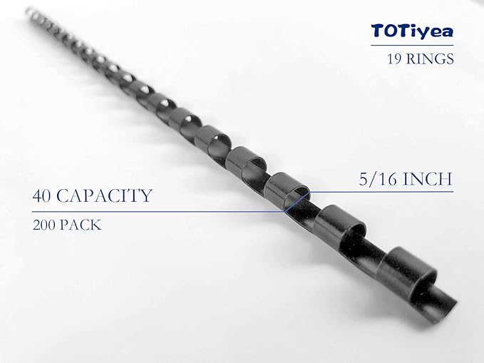 TOTiyea 200 Pack Plastic Binding Comb Spines,5/16 Inch Diameter,40 Sheet Capacity,Letter Size (8.5x11 Inches) Black Color Binding Comb Spines