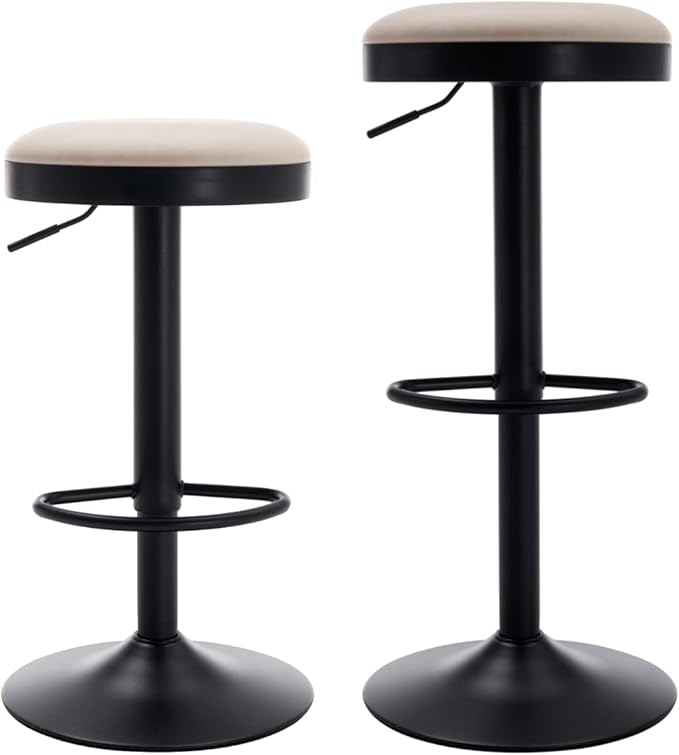 Round Swivel Counter Height Bar Stools Set of 2 Modern Adjustable Barstools Backless PU Leather Bar Chairs Industrial Island Chairs with Metal Base/Footrest for Kitchen Island/Pub/Cafe Beige