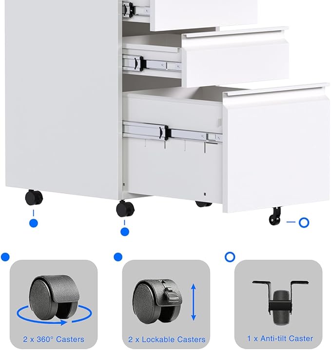 3 Drawer Mobile File Cabinet with Lock, Under Desk Metal Filing Cabinet for Hanging Files Letter/Legal/A4 Size for Home Office, Fully Assembled Except Wheels, White