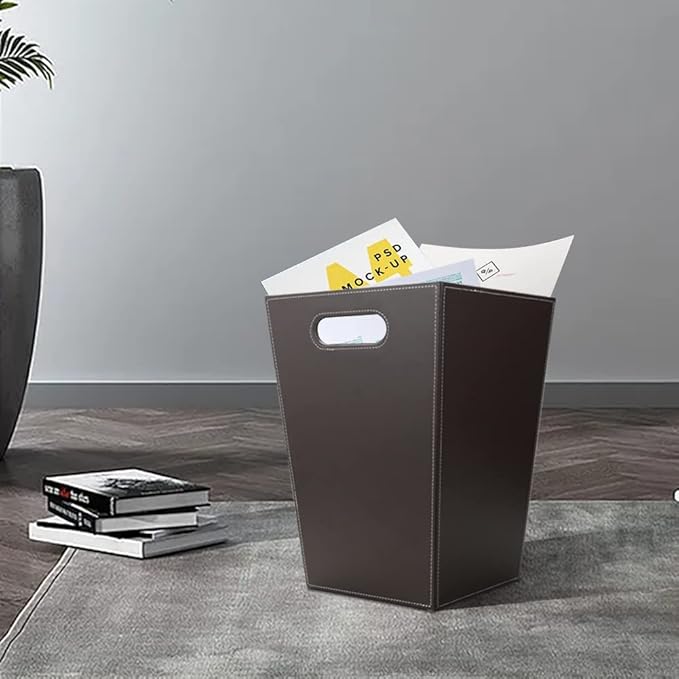KINGFOM Classic Pu Leather Trash Can Wastebasket, Garbage Container Bin with Handles for Bathrooms, Powder Rooms, Kitchens, Home, Office and and High Class Hotel Square Brown