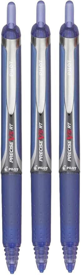 Precise V5 RT Retractable Rolling Ball Pens, Extra Fine Point (.5mm), Blue Ink, 3-pk; Premium Comfort Grip, Bundle with Plastic Reusable Pouch