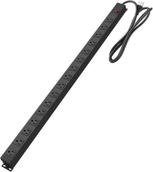 HHSOET 16-Outlet Metal Wall Mount Power Strip, 15 ft 14AWG Power Cord, 15A 125V 1875W, Black