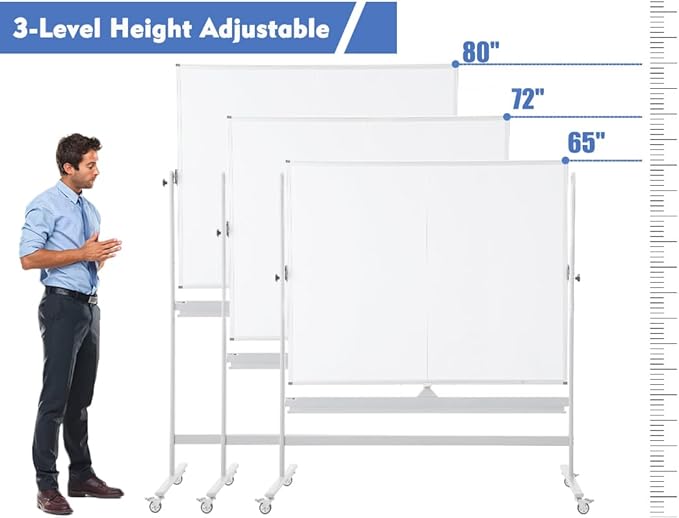 FORTUNO Large Magnetic Mobile Whiteboard 72"x48", Rolling Double Sided Stand Whiteboard on Wheels, Reversible Adjustable Height/Angle Dry Erase Board 6' x 4' Easel White Board for Office Classroom