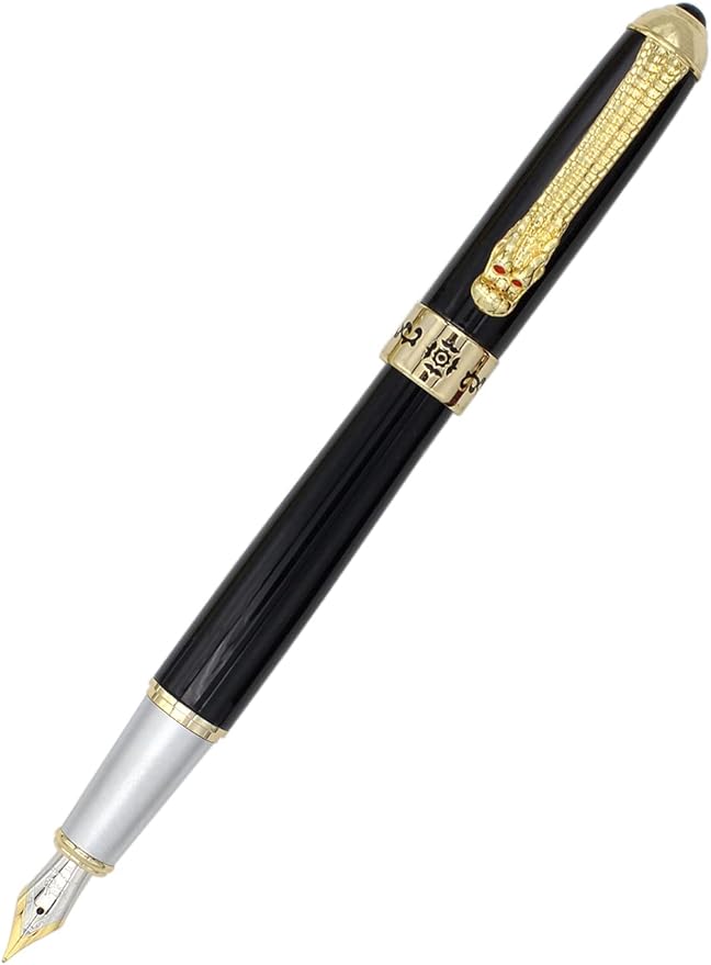 Gullor Fountain Pen with Ink Converter, Golden Dragon Clip, Executive Pen for Smooth Writing, Fine Nib, Black