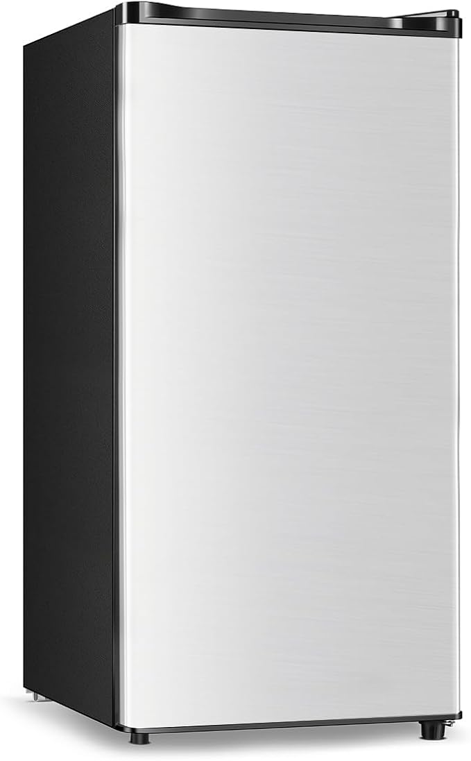 Seaoola Mini Fridge with Freezer, Single Door 3.1 Cu.Ft, Compact Mini Refrigerator, LED Light, Adjustable Thermostat, Removable Glass Shelves, Small Refrigerator for Dorm/Office/Bedroom(Sliver)