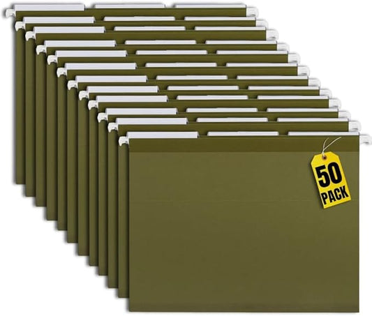 1InTheOffice Green Hanging File Folders Letter Size, Hanging Organizer File Folders, Green Hanging Folders, 1/3 Tabs, 11 pt, 50 Pack