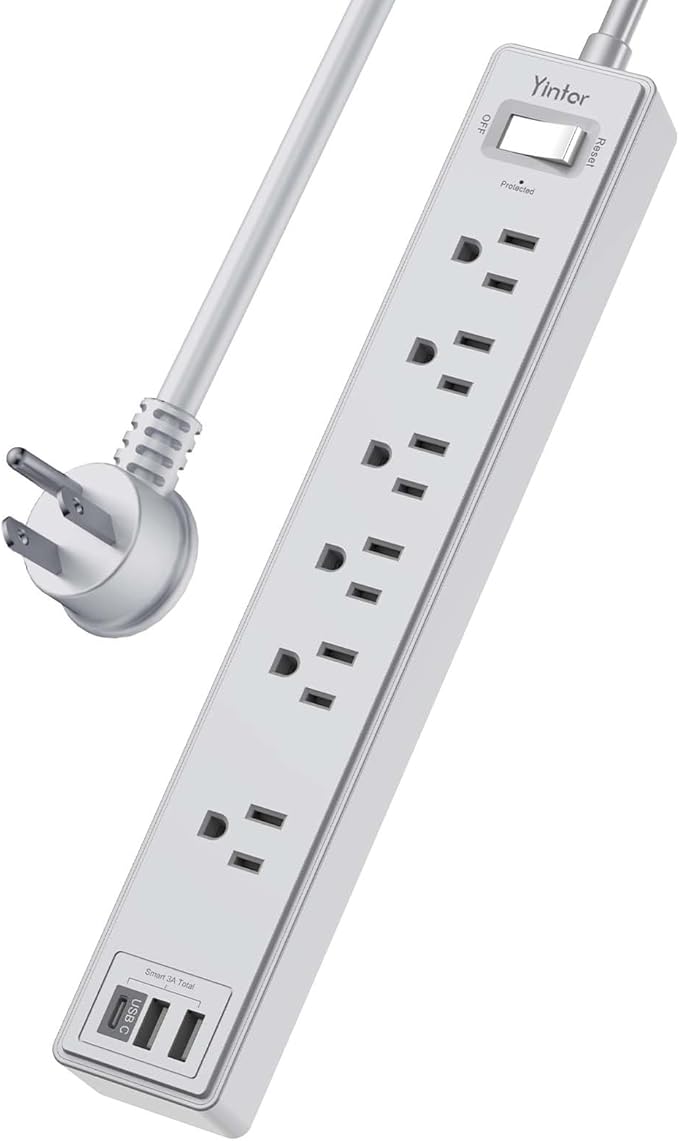 6Ft Power Strip Surge Protector - Yintar Extension Cord with 6 AC Outlets and 3 USB Ports for Home, Office, Dorm Essentials, 1680 Joules, ETL Listed, Grey