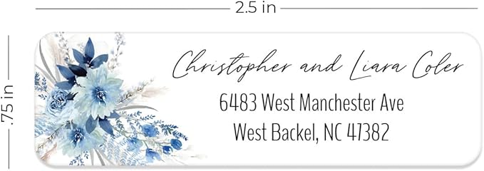 Blue Floral Rolled Address Labels / 250 Personalized Return Address Labels/Designer Address Stickers in Elegant Plastic Dispenser