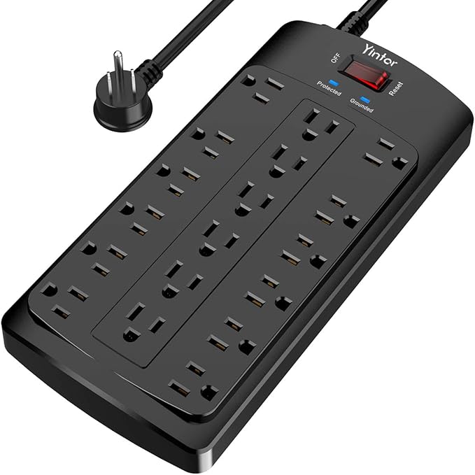 6FT Yintar Surge Protector Power Strip - Flat Plug Extension Cord with 18 AC Outlets for Home, Office, Dorm Essentials, 2100 Joules, ETL, Black