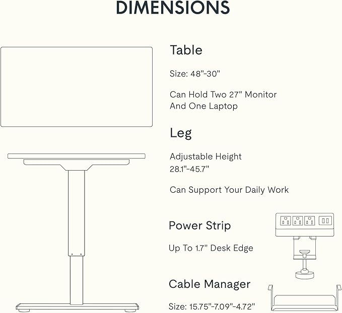 FLEXISPOT EN2 Whole-Piece Standing Desk with Clamp Power Strip, 48 x 30 Electric Stand Up Height Adjustable Desk with Cable Management (Black Frame + 48" Black Top, 2 Packages)