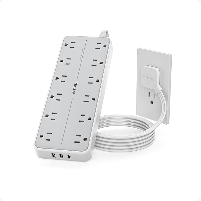 Surge Protector Power Strip, TESSAN Extension Cord with Multiple Outlets, 12 AC Outlets, 3 USB Ports(1 USB C), Flat Wall Plug, 5 Ft, 1700 Joules Protection for Home Office Dorm Room Essentials
