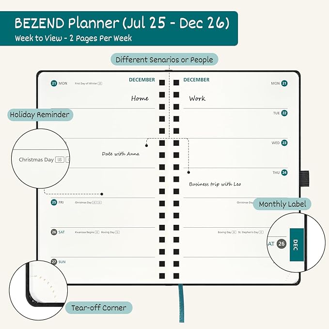 BEZEND Pocket Planner 2025-2026 Weekly with 2 Columns, 18-Month Academic Calendar (Jul 25-Dec 26), Life Work App., Storage Pocket, Pen Holder, PU Leather Softcover 3.5" x 6" Spiral - Prussian Blue