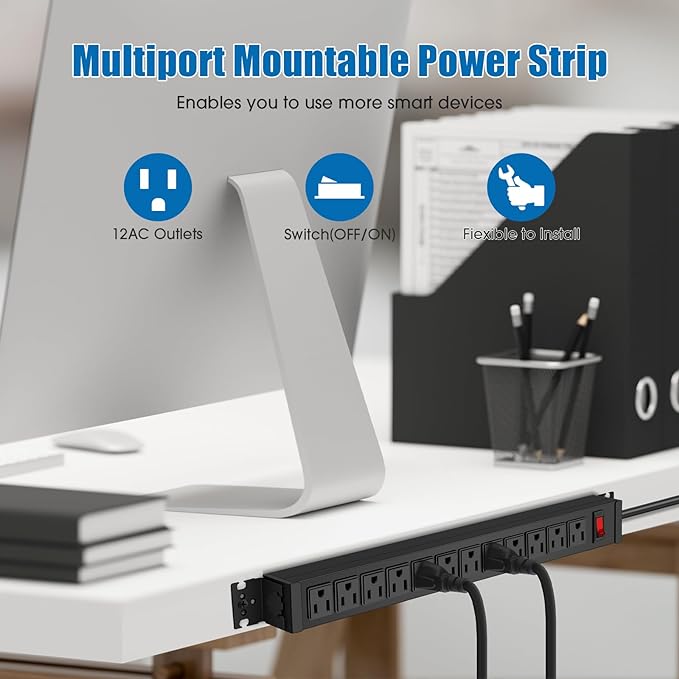 HHSOET Rotating Mountable Power Strip, 12 Outlet Wall Mount Surge Protector, Metal Heavy Duty and Versatile Outlet Strip, Stylish Appearance, Sturdy and Durable, 6ft Power Cord.(Black)