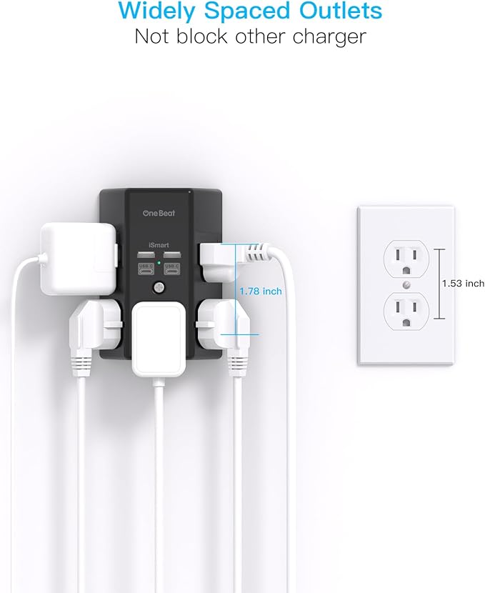 Surge Protector, 5 Outlets Extender with 4 USB Ports(USB C), 3-Side 1680J Power Strip Multi Plug Outlet Expander, USB Wall Charger, Outlet Splitter Adapter Wall Mount for Home Office ETL Listed（Black）