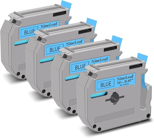 NineLeaf 4 Pack Compatible for Brother P-Touch M Tape M-K531 M-K531S MK531 M531 12mm 0.47'' Black on Blue Label Tape for PT-70BBVP PT-70BMH PT-70HK PT-70HOL PT-70HOT Label Maker