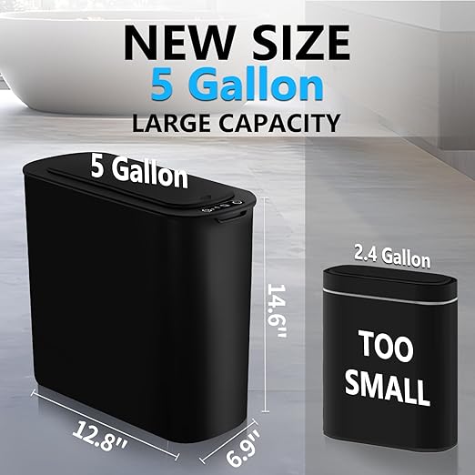 5 Gallon Motion Senor Bathroom Trash Can with Lid, Automatic Garbage Can Touchless, Smart Plastic Waste Basket for Narrow Spaces, Bathroom, Office, Bedroom, Living Room (Black)