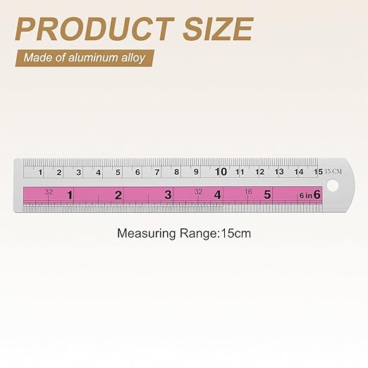HARFINGTON 6pcs Metal Straight Ruler 15cm Metric SAE Aluminum Alloy Measuring Rulers Scale Tools with Hole for Measure Study Reading Classroom Office, Pink