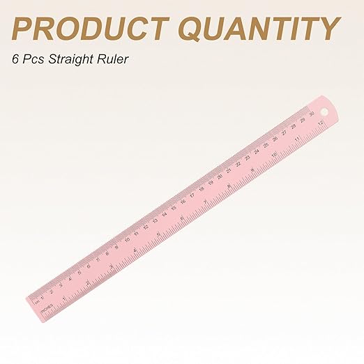 HARFINGTON 6pcs Metal Straight Ruler 30cm Metric SAE Aluminum Alloy Measuring Rulers Scale Tool with Hole for Measure Study Reading Classroom Office, Pink