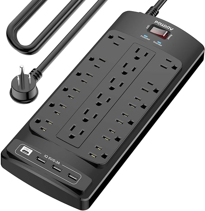 18 Outlets Surge Protector Power Strip - 15 Feet Flat Plug Heavy Duty Extension Cord with 18 Widely Outlets and 4 USB Ports, 2100 Joules, Black, ETL Listed