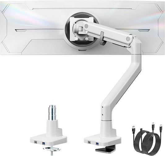 monTEK Single Monitor Arm with USB A/C, Ultrawide Monitor Stand for 17 to 57 Inch Curved Screen, Holds 59.4 lbs, Adjustable Gas Spring Arm, 75/100 VESA Mount, Clamp & Grommet Desk Mount, White