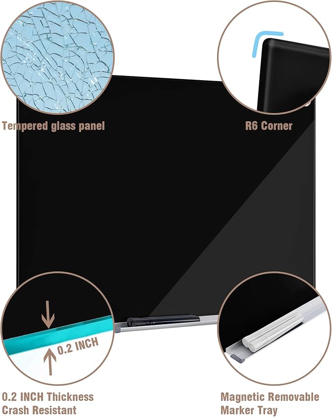 Magnetic Glass Whiteboard，60"x48" Wall Mounted Frameless Dry Erase Board for Office, Home & School Black
