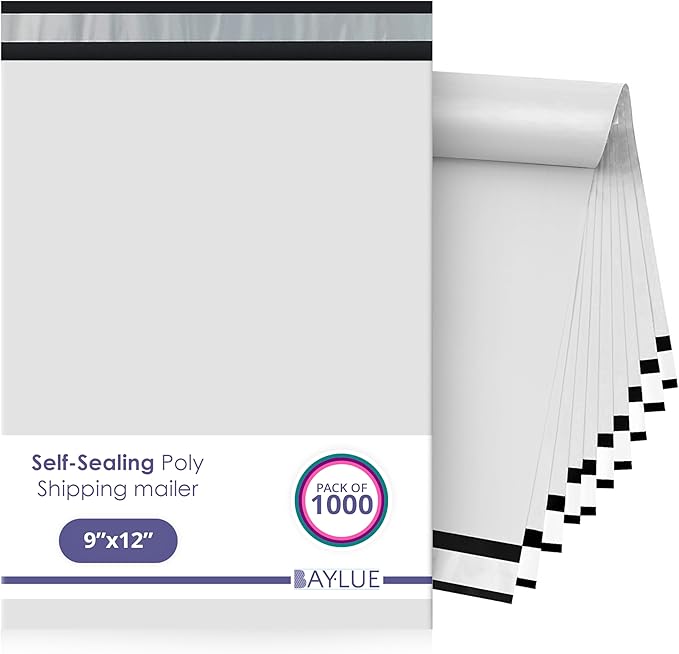 White Poly Mailers 9x12 Inch | Strong Adhesive Self-Seal mailer Bags | Tamper, Tear, Water Resistant Shipping Envelopes | Thick Strong Material Polymailer Bags Clothing Bag | 1000 Pack Bulk