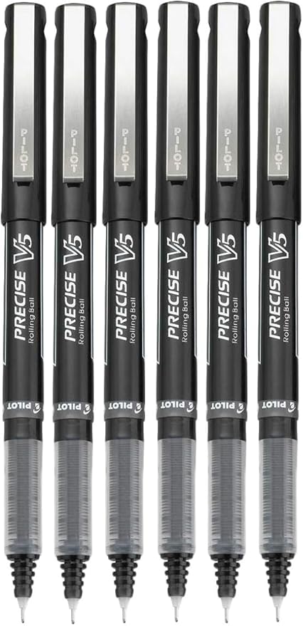Precise V5 Stick Rolling Ball Pens, Extra Fine Point (.5mm), Black Ink, 6-pk; Bundle with Plastic Reusable Pouch