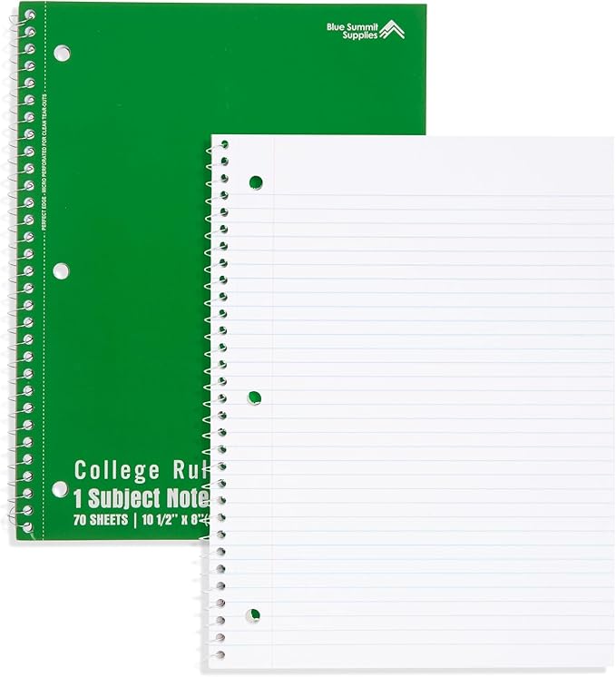 Blue Summit Spiral Notebooks Bulk, One Subject Spiral Notebook College Ruled, Perforated Notebook, 8 x 10.5 for Work and School, Paper, College Ruled, Bulk 48 Pack