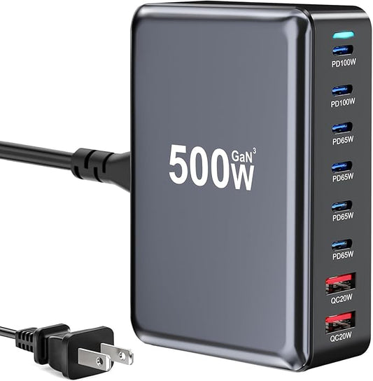 500W USB C Fast Charger Block, 8 Port USB Charging Station, GaN Ⅲ Pro Double 100W PD PPS Port Fast Charging Station for Multiple Devices,Laptop Wall Charger Compatible with MacBook/iPhone 16/iPad etc