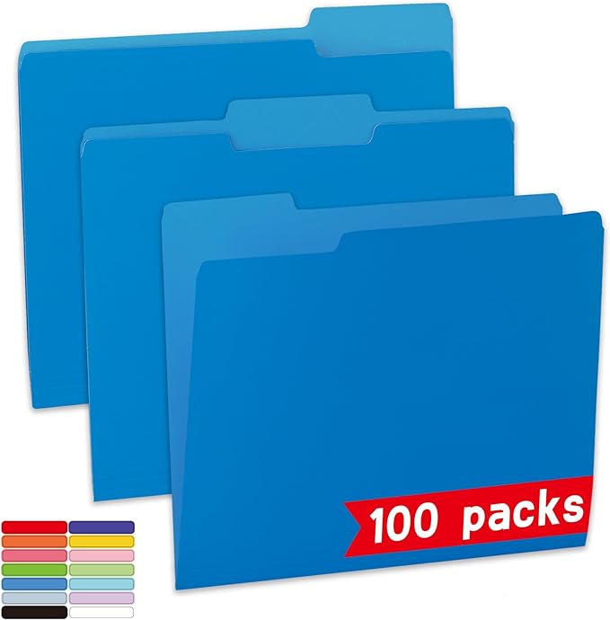 100 Packs Blue File Folder,1/3-Cut Tabs,File Folders Letter Size,8.5x11 Inch File Folders for Office,School and Home,Organizer Documents