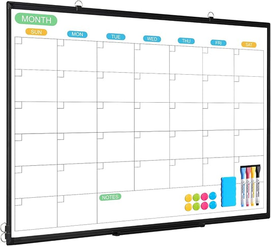 WALGLASS Dry Erase Calendar Whiteboard for Wall, 36" x 24" Double-Sided Monthly Calendar White Board with Black Aluminum Frame, Hanging or Wall Mount Whiteboard for Home, Office, School