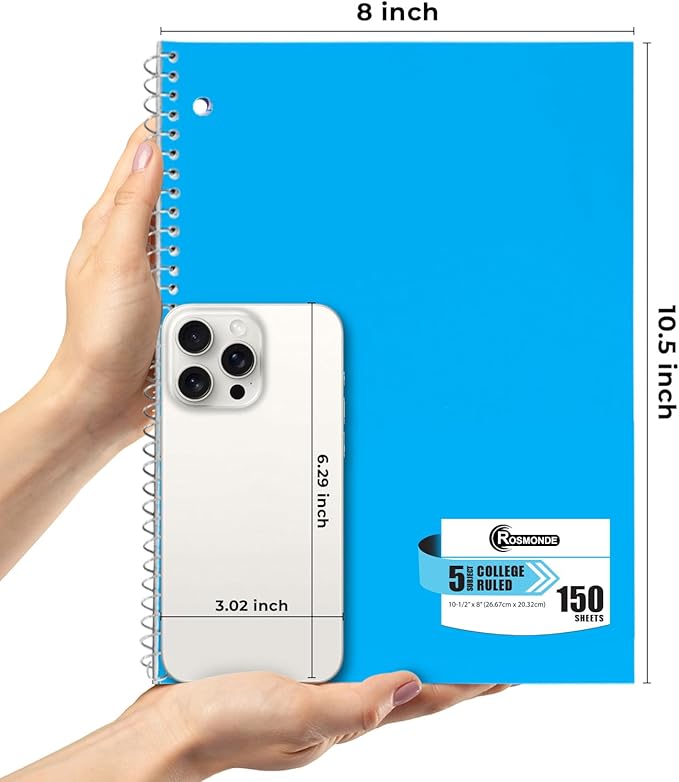 Spiral Notebook 12 Pack, 5 Subject, 300 Pages/Book (150 Sheets), College Ruled, 8 x 10-1/2, School & Office Bulk Spiral Notebooks, Spiral Journal for College, Soft Cover, Assorted Colors