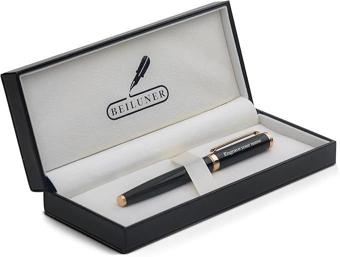 BEILUNER Black Personalized Pen,Stunning Luxury Lacquer With 24K Gold,Schneider Ink Refills,Multiple Fonts To Custom Rollerball,Gift Pen For Men & Women,Executive,Graduation,Christmas,Nice Pens