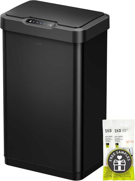 EKO Mirage-T 50 Liter / 13.2 Gallon Touchless Rectangular Motion Sensor Trash Can, Brushed Stainless Steel Finish (Matte Black)